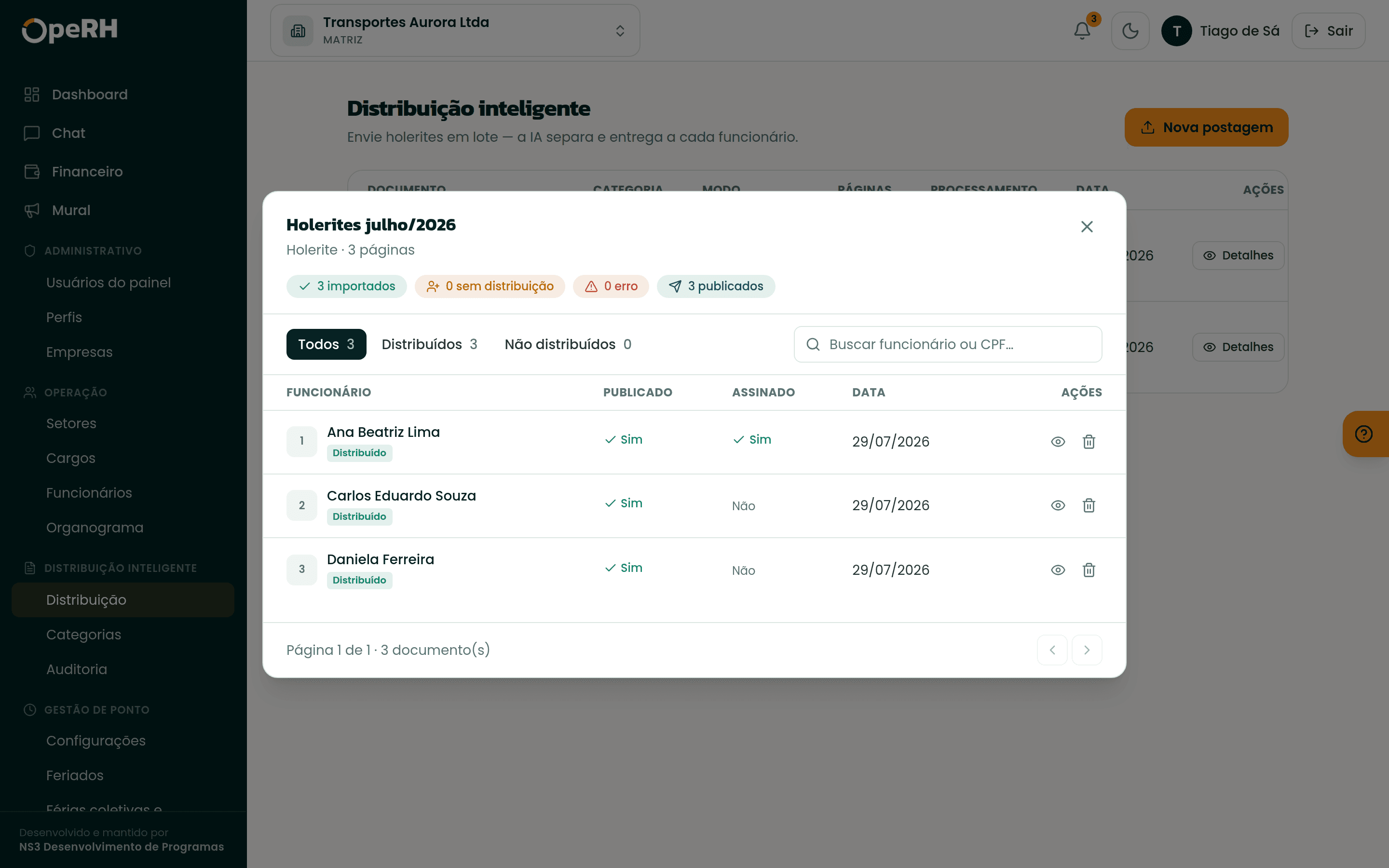 Distribuição de holerites com acompanhamento das assinaturas