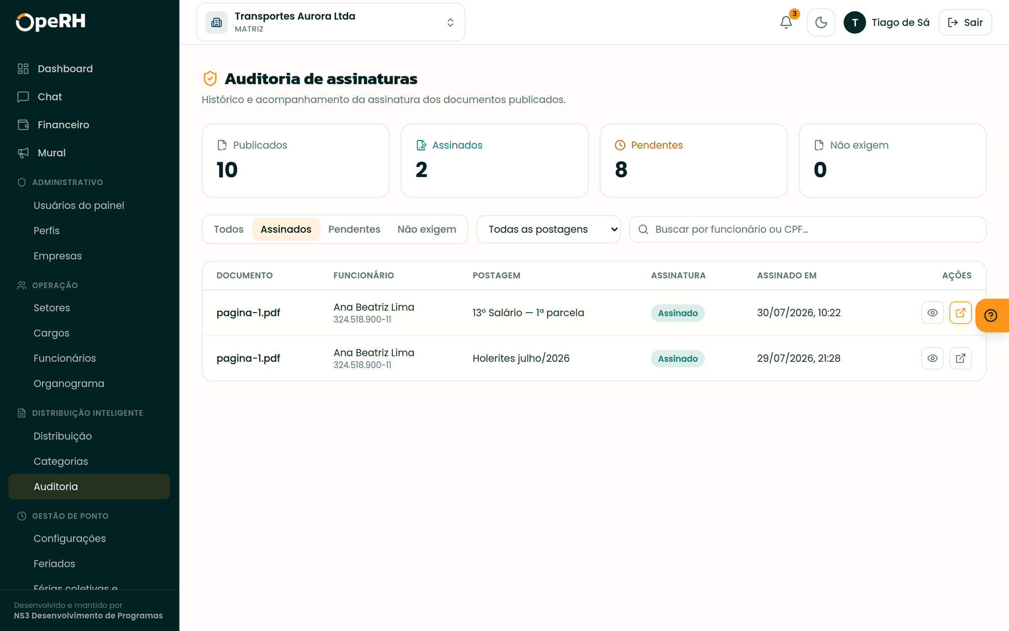 Auditoria oficial de documentos assinados