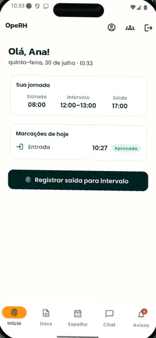 Tela inicial do app OpeRH com a jornada do dia, as marcações e o botão de registrar saída para intervalo